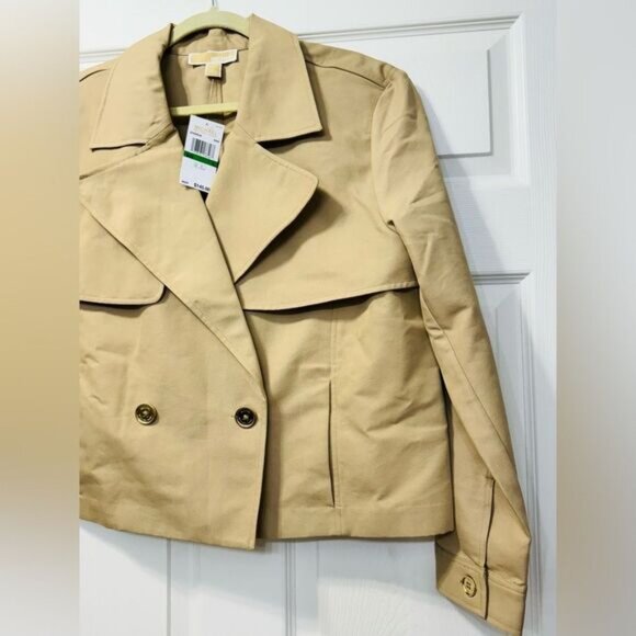 NWT Michael Kors Cropped Double-Breasted Cotton Trench Coat Khaki Women’s Sz L - Picture 3 of 15